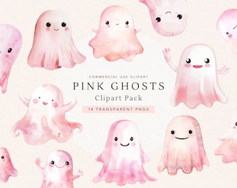 Pink Ghost Clipart | Cute Halloween Art | Watercolor Digital Download | Printable PNGs for Crafts and Decor | Scrapbooking and Invitations