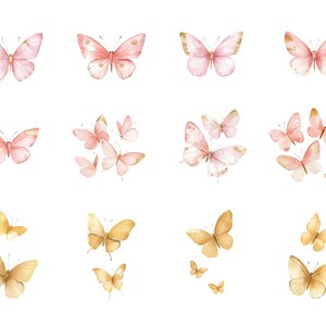 Puede incluir: Una colecci&oacute;n de mariposas de acuarela en tonos rosa y dorado. Las mariposas est&aacute;n dispuestas en una cuadr&iacute;cula sobre un fondo blanco.