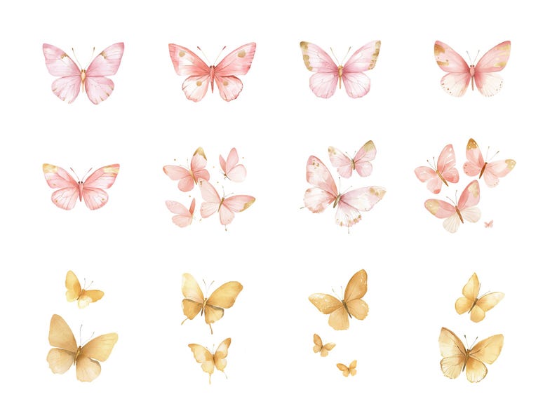 Puede incluir: Una colecci&oacute;n de mariposas de acuarela en tonos rosa y dorado. Las mariposas est&aacute;n dispuestas en una cuadr&iacute;cula sobre un fondo blanco.