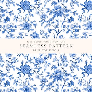 May include: Seamless pattern featuring a blue floral design on a white background. The pattern includes detailed illustrations of flowers and foliage. The text "SEAMLESS PATTERN" and "BLUE TOILE NO. 4" is displayed on the image.