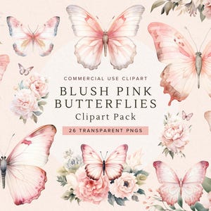 Clipart de Borboleta | Clipart de Borboletas em Aquarela | Flores PNG | Uso Comercial | Scrapbooking Digital | Rosa Blush | Borboletas PNG