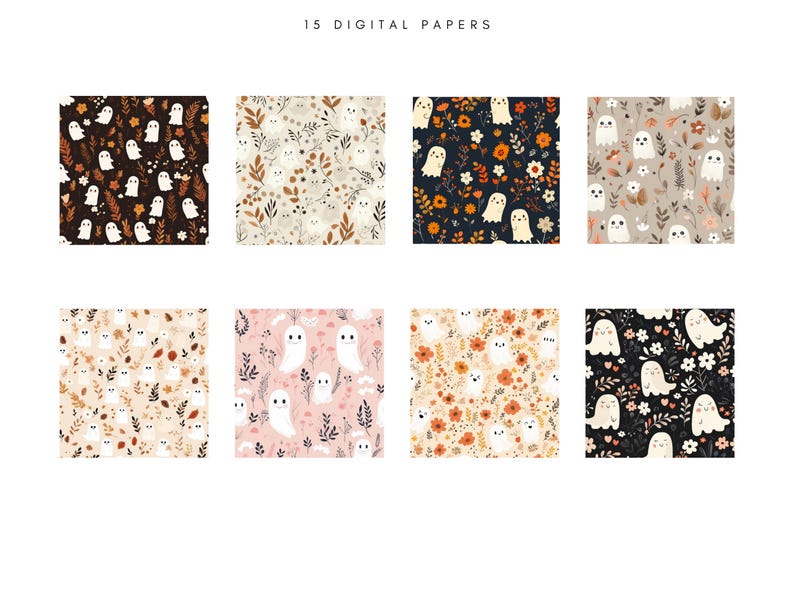 Pu&ograve; includere: Set di 15 carte digitali con un simpatico motivo di fantasmi e fiori in varie combinazioni di colori, tra cui nero, bianco, marrone, arancione, rosa e crema.