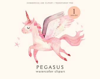 Pegasus Watercolor Clipart | Unicorns Clipart | Magic Fantasy | Wall Decor File | Baby Shower | Pegasus Wall Art Transparent Pngs | Pink