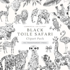 Schwarz Toile Safari PNG | Babyparty Clipart | Aquarell | Chinoiserie Dschungeltiere | Digitaler Download | Kinderzimmer Dekor | Kommerzielle Nutzung