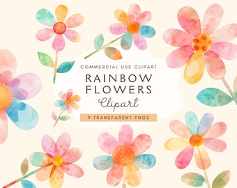 Bright Floral Clipart | Watercolor Rainbow Flowers | Colorful Flowers Png | Digital Clip Art | Commercial Use | Cute Spring Summer Florals