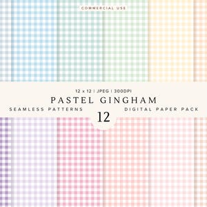 May include: A digital paper pack with 12 pastel gingham seamless patterns. Each pattern is a square with a classic checkered design in soft colours like blue, green, pink, and yellow. The image includes the text "PASTEL GINGHAM" and "DIGITAL PAPER PACK".