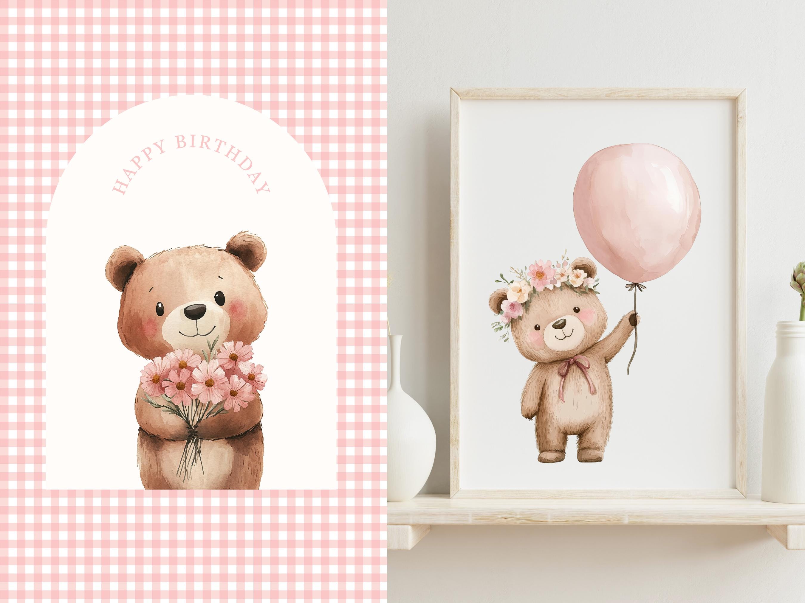Pink Teddy Bear Clipart | Baby Shower Balloons PNG | Cute Watercolor ...