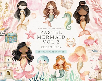 May include: A digital clipart pack featuring pastel colored mermaids, seahorses, jellyfish, seashells, a crab, a treasure chest, a castle, and a fish. The text "Pastel Mermaid Vol 2" and "Clipart Pack" is included in the image.