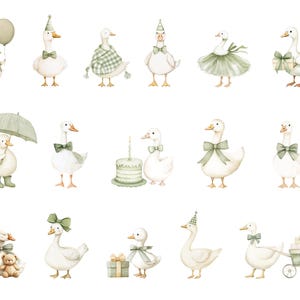 Puede incluir: Ilustraciones en acuarela de gansos blancos en varias poses, adornados con accesorios como sombreros de fiesta, lazos y una bufanda a cuadros. Algunos gansos sostienen globos, paraguas, regalos y un pastel. La obra de arte presenta tonos verdes y beige suaves.