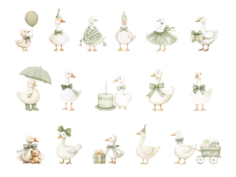 Puede incluir: Ilustraciones en acuarela de gansos blancos en varias poses, adornados con accesorios como sombreros de fiesta, lazos y una bufanda a cuadros. Algunos gansos sostienen globos, paraguas, regalos y un pastel. La obra de arte presenta tonos verdes y beige suaves.