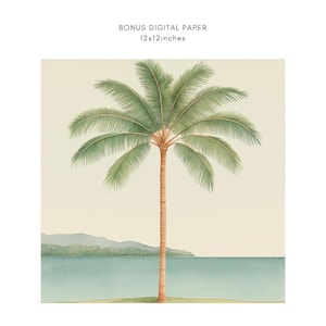 May include: A digital paper featuring a watercolor illustration of a palm tree on a beach with a light blue sky and a light green ocean. The palm tree is in the center of the image and has a brown trunk and green leaves. The beach is a light brown color and the ocean is a light blue color. The sky is a light blue color. The image is 12x12 inches.