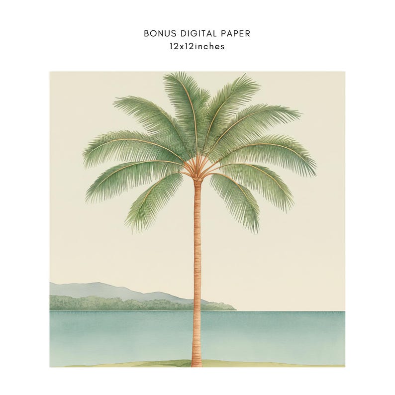 May include: A digital paper featuring a watercolor illustration of a palm tree on a beach with a light blue sky and a light green ocean. The palm tree is in the center of the image and has a brown trunk and green leaves. The beach is a light brown color and the ocean is a light blue color. The sky is a light blue color. The image is 12x12 inches.