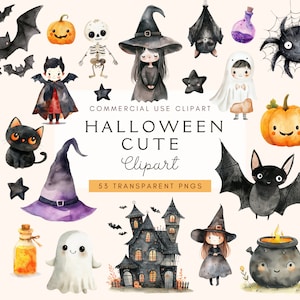 Aquarell Halloween Clipart-Bundle | Niedliches Fröhliches Halloween Clip Art | Kürbis | Gespenst | Gruseliges Png | Geisterhaus | Fledermäuse | Junk Journal