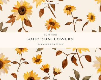 Seamless Files Sunflowers | Repeat Pattern | Boho Sunflower Pattern | Repeating Background | Digital Paper JPEG | Junk Journal | Yellow