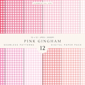 May include: A collection of 12 pink gingham seamless patterns. The patterns vary in shades of pink, from deep rose to light blush, and feature a classic checkered design. The image includes the text "PINK GINGHAM" and "DIGITAL PAPER PACK".
