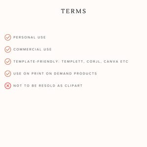 K&ouml;nnte beinhalten: Cremefarbene Grafik mit dem Wort &bdquo;TERMS&ldquo; oben. Darunter eine Liste von Begriffen, darunter &bdquo;PERSONAL USE&ldquo;, &bdquo;COMMERCIAL USE&ldquo;, &bdquo;TEMPLATE-FRIENDLY&ldquo; und &bdquo;USE ON PRINT ON DEMAND PRODUCTS&ldquo;. Ein rotes &bdquo;X&ldquo; markiert &bdquo;NOT TO BE RESOLD AS CLIPART&ldquo;.
