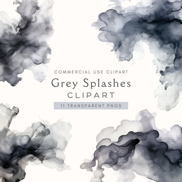 Grey Color Splash Clipart | Alcohol Ink Png | Watercolor Splash | Abstract Washes | Paint Splatter Clipart | Brush Strokes Clip Art | Black