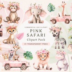 Animais de Safári Rosa Clipart | Bebê Menina Clipart Png | Decoração de Berçário de Safári | Safári Png | Elefante Bebê | Leão | Selva Clipart | Selvagem