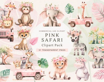 Pink Safari Animals Clipart | Baby Girl Clipart Png | Safari Nursery Decor | Safari Png | Baby Elephant | Lion | Jungle Clipart | Wild One