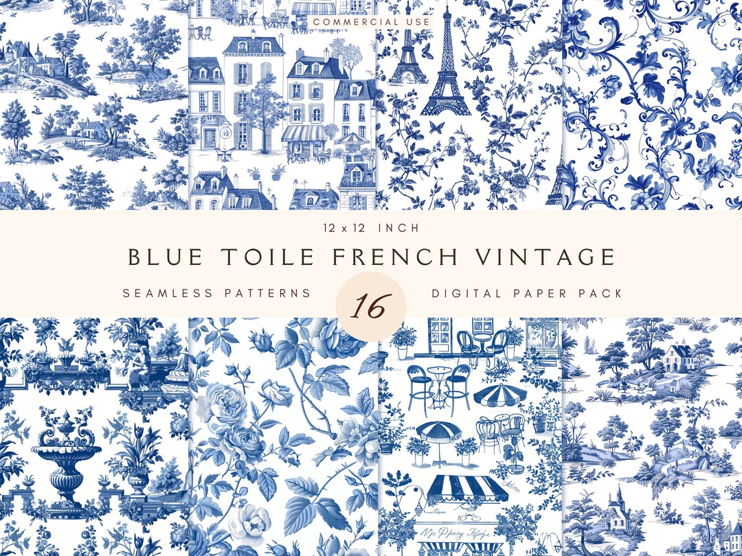 French Toile De Jouy Blue Vintage Seamless Pattern for Crafting & DIY ...