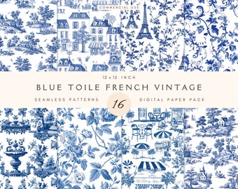 French Toile De Jouy Blue Vintage Seamless Pattern for Crafting & DIY Projects | Vintage Floral Pattern for Scrapbooking | for Junk Journals