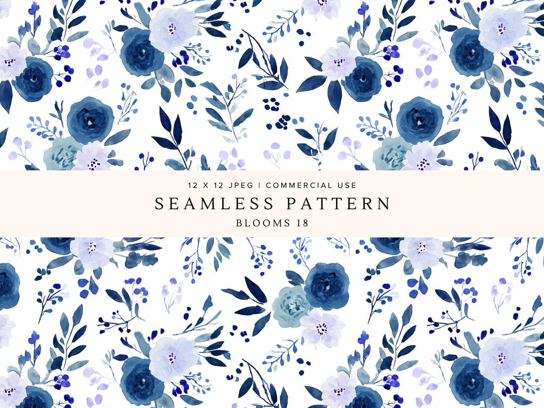 Blue Watercolor Floral Seamless Pattern | Elegant Botanical Digital ...