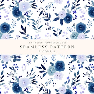 Könnte beinhalten: Nahtloses Muster mit Aquarell-Blumenelementen in Blau- und Weißtönen. Das Design umfasst verschiedene Blumenarten, Blätter und Beeren. Der Text "SEAMLESS PATTERN BLOOMS 18" wird angezeigt.