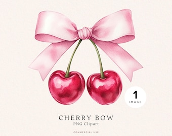 Coquette Cherry Bow Clipart | Watercolor Cherries with Pink Ribbon | Digital Download for Crafts and Journals | Cute Aesthetic Design