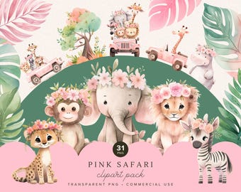 Pink Safari Animals Clipart | Baby Girl Clipart Png | Safari Nursery Decor | Safari Png | Baby Elephant | Lion | Jungle Clipart | Wild One