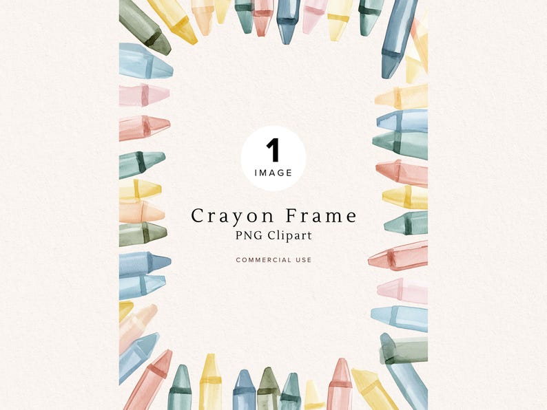 Watercolor crayon frame PNG clipart with pastel rainbow crayons arranged around the edges and a large open center for text or designs.
