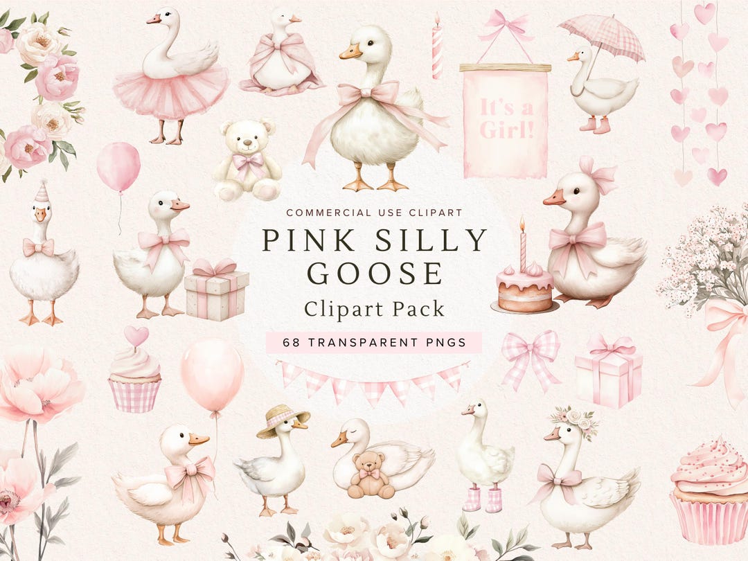 Silly Goose Baby Shower Clipart | Pink Goose With Balloon | Watercolor ...