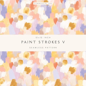 May include: A seamless pattern with abstract paint strokes in shades of peach, gold, lavender, and white. The design is labelled "Paint Strokes V" and measures 30.48 x 30.48 cm.