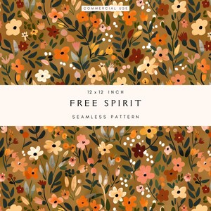 May include: A seamless pattern featuring a variety of flowers in shades of orange, pink, white, and red on a brown background. The pattern is titled "Free Spirit" and is 12 inches by 12 inches.