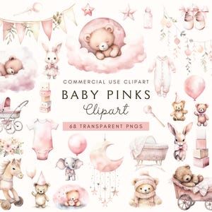 Baby shower rose | Ours en peluche mignon | Nouveau-né | Pépinière | C'est une fille | Lot de graphismes aquarelle | PNG transparents | Utilisation commerciale