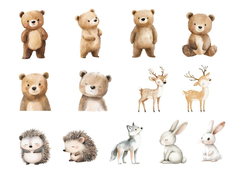 May include: Watercolor illustration of various woodland animals, including bears, deer, hedgehogs, a wolf, and rabbits. The animals are depicted in a whimsical style with soft colors and delicate details.