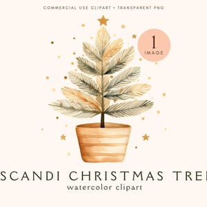 Clipart arbre de Noël rustique | Clipart aquarelle scandinave | Joyeux Noël PNG | Clipart hiver | Arbre à feuilles persistantes bohème | Clipart ornements