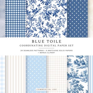 May include: A collection of digital paper patterns in shades of blue and white. The designs include watercolor washes, gingham, floral toile, polka dots, and stripes. The text "BLUE TOILE" and "COORDINATING DIGITAL PAPER SET" are displayed.