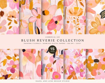 Blush Reverie Collection | Fine Art Floral Digital Paper Pack | 15 Seamless Pink Gold Patterns for Branding | Stationery & Design Use