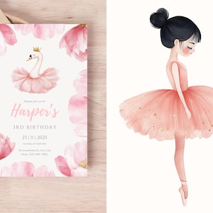 May include: A pink and gold birthday invitation with a watercolor illustration of a swan wearing a crown and a pink tutu. The invitation says "Please join us for Harper's 3rd Birthday 23 | 11 | 2025".
