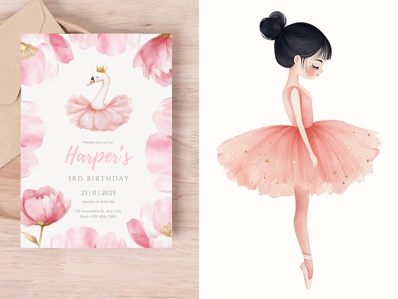 May include: A pink and gold birthday invitation with a watercolor illustration of a swan wearing a crown and a pink tutu. The invitation says "Please join us for Harper's 3rd Birthday 23 | 11 | 2025".
