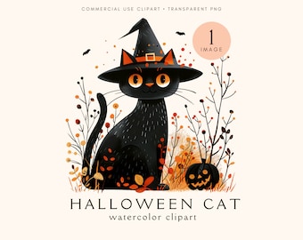 Quirky Cat Halloween Clipart | Black Cat Clip Art | Digital Paper Craft | Watercolor | Digital Download | Witches Hat | Whimsy Cats Png