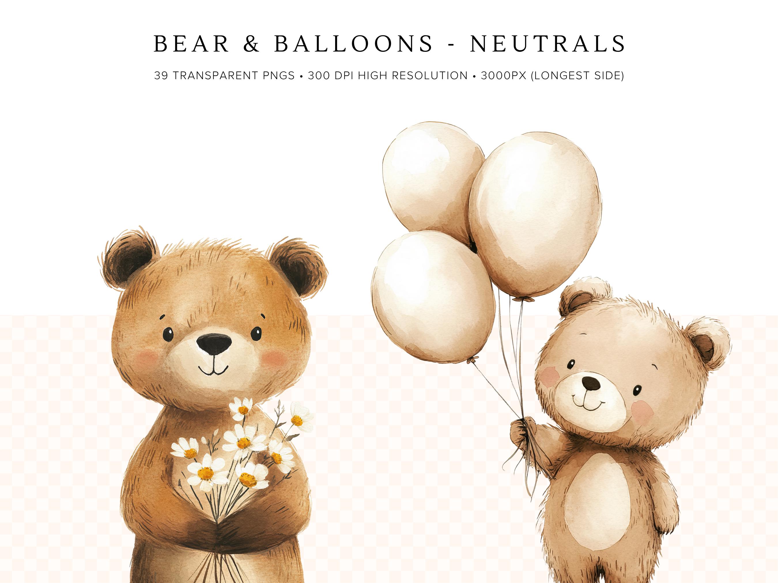 Baby Shower Clipart Bear and Balloons | Watercolor Teddy Bear PNG ...