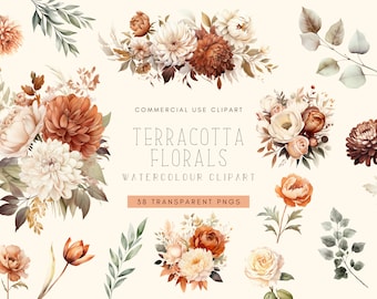 Terracotta Florals Clipart Pack | Fall Wedding Clipart | Orange & Brown Neutral Floral Clipart | Watercolor Flowers | Autumn Rust Leaves