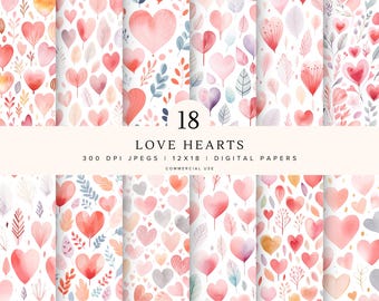 Sweet Heart Digital Paper | Digital Paper Pack | Scrapbook Paper | Watercolor Hearts Illustration | Instant Download | Romantic Paper