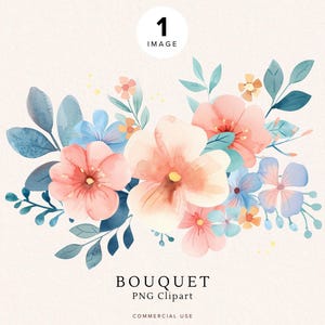 Clipart di fiori rosa e blu / Arte floreale ad acquerello / Bouquet floreale / Download digitale per bouquet da sposa e cornici clipart / Artigianato