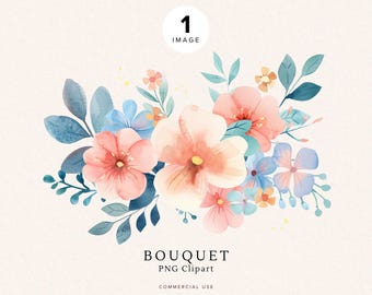 Pink and Blue Flower Clipart | Watercolor Floral Art | Floral Bouquet | Digital Download for Wedding Bouquets and Clipart Frames | Crafts