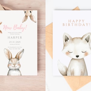 May include: Two cards with watercolor illustrations of animals. The first card is a baby shower invitation with the text "New Baby!" and "Harper" in pink. The second card is a birthday card with the text "Happy Birthday!" and a fox illustration.