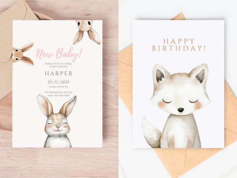 May include: Two cards with watercolor illustrations of animals. The first card is a baby shower invitation with the text "New Baby!" and "Harper" in pink. The second card is a birthday card with the text "Happy Birthday!" and a fox illustration.
