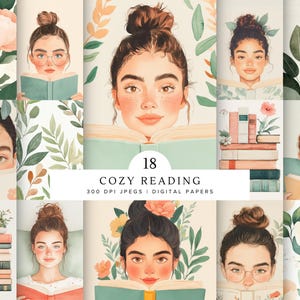 Cozy Reading Digital Papers – Book Lover Aesthetic Backgrounds, Floral Girl Illustrations, 18 JPEG Scrapbook Pages | Cute Junk Journal