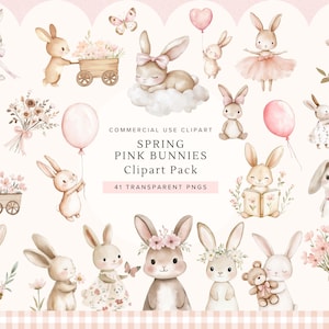May include: Watercolor clipart pack featuring various adorable pink bunnies with floral accents, balloons, and butterflies. The image includes the text "Spring Pink Bunnies Clipart Pack" and "41 Transparent PNGs".